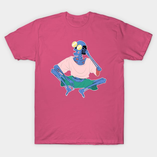 Blue Female Skeleton Using Smartphone T-Shirt by CrocoWulfo